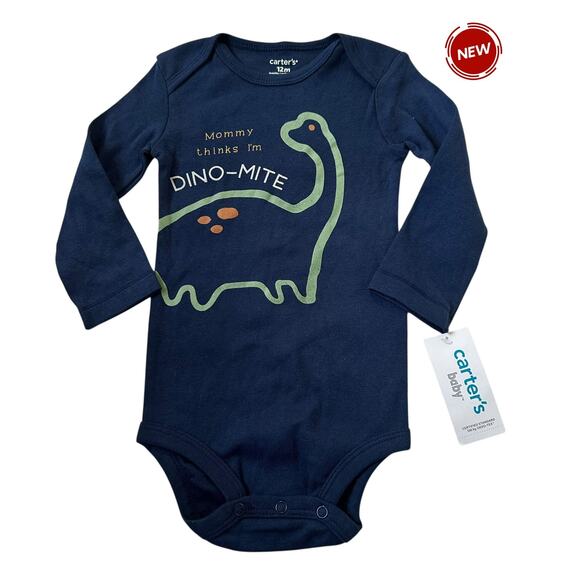 54-31 Carters Blue Printed Dinosaur One Piece Bodysuit Baby Boy Size 12 Mos NWT - Picture 1 of 4